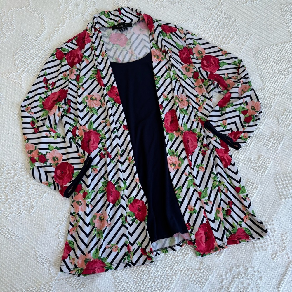 Liz McCoy size large‎ floral chevron cardigan layer attached to blue under layer